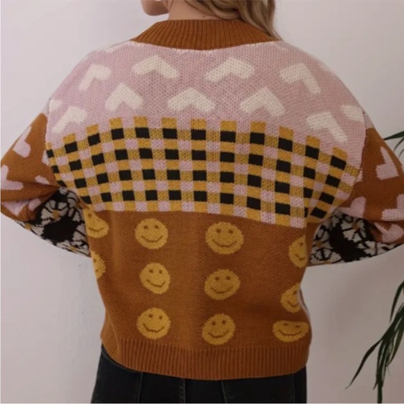 Brown/Yellow Oversized Checkered Smiley Face Cardigan, Size Large - Picture 3 of 3